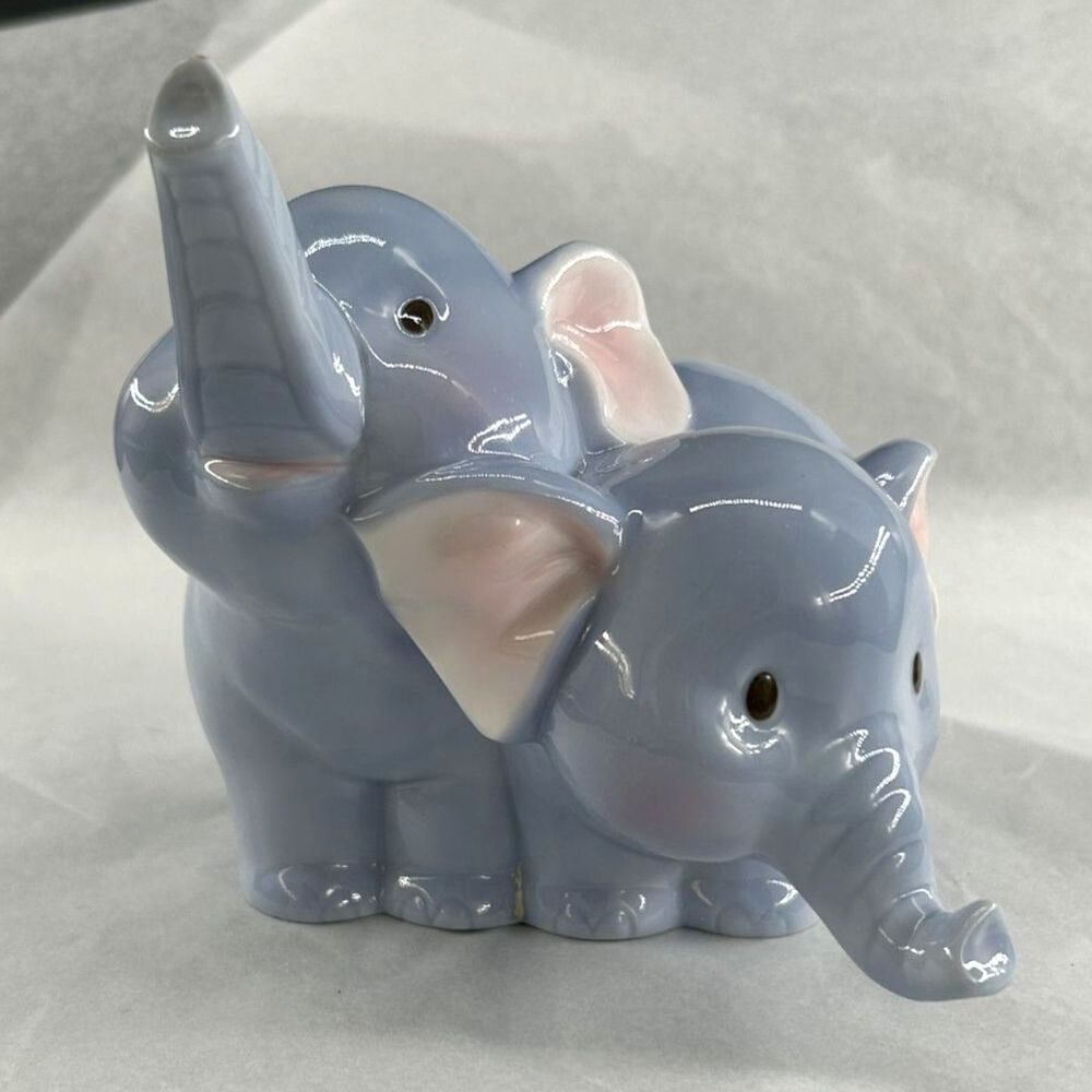 Enesco Elephant Bank Lt Blue Ceramic Pink Inner Ear & Cheeks Coin Slot & Plunger